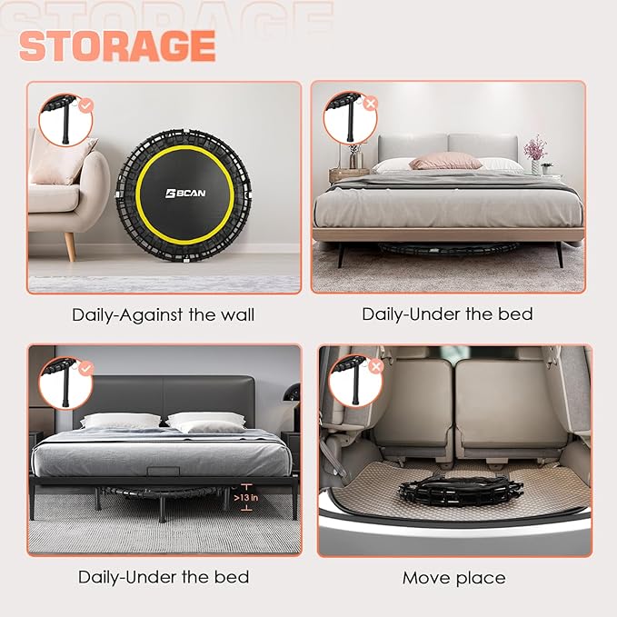 BCAN 40"/48" Mini Rebounder Trampoline for Adults with Bar, 450/550LBS Fitness Trampoline with Bungees, Adjustable Handle, Stable & Quiet, Indoor Outdoor, Whole-Body Workout & Relaxation at Home