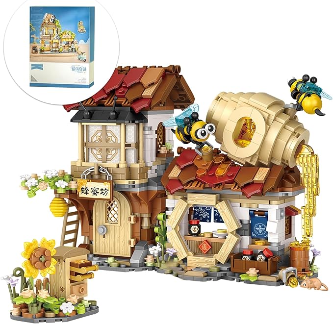 Honey Bee Workshop Mini Building Set, Creative DIY Simulation Building Toys, 1242PCS Mini Building Honey Bee Workshop Set Boys Girls 6+