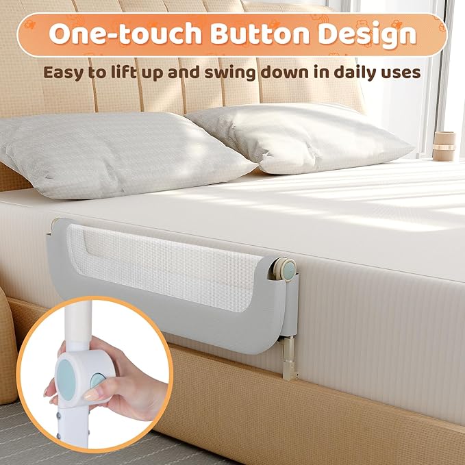 Bed Guard Rail for Toddlers - 47inch Foldable & Adjustable Height Baby Bed Safety Side Rails - Large Toddler Crib Railing Guard for Twin, Bunk, Full Size, Queen & King, Full Size Bed Grey