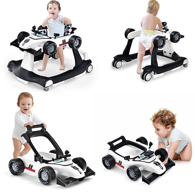 HONEY JOY 4-in-1 Baby Walker, Activity Push Walker w/3 Adjustable Heights, Smooth Wheels w/Adjustable Speed, Padded Seat, Music & Light, Foldable Car Walker for Baby Boys Girls Age 6 Months+ (White)