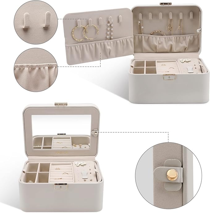 KAMIER Jewelry Box, 2 Layers PU Leather Jewelry Organizer Box, Large Capacity, Double Lock and Large Mirror, Hidden Necklace Hooks, Removable Dividers, Grey