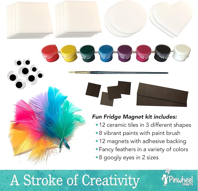 Pinwheel Crafts Magnetic Tile Art Kit Ages 6-12+ Years - Paint Your Own Magnetic Mini Tiles Includes 12 Tiles, Magnets, 8 Paints, Brush, Googly Eyes - DIY Magnet Making Kit for Kids