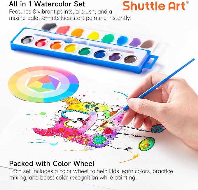 Shuttle Art 8 Colors Watercolor Paint Set, 60 Pack with Paint Brushes & Color Wheels, Washable for Kids & Adults, Suitable for Classroom, Parties, Kindergarten & Art