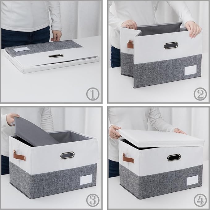 PRANDOM Foldable Storage Bins with Lids [3-Pack] Fabric Collapsible Storage Boxes Baskets Cubes Containers with Handles for Closet Living Room Bedroom (Grey & White 17.7x11.8x11.8'')