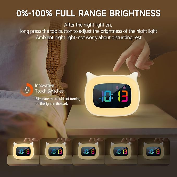 Cute Cat Ear Alarm Clock with RGB 7 Color Night Light & 18 Ringtones,Rechargeable Clock for Kids Bedroom,LED Colorful Digital Display,Bedside Clock for Boys,Girls Birthday Presents(White)