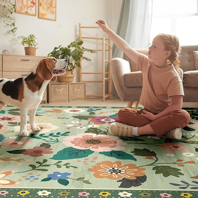 Floral 5x7 Area Rug Machine Washable Soft Print Boho Carpet Non Slip Doormat Low Pile Flower Area Rugs for Living Room Bedroom Nursery Kitchen Dining Room Indoor-Light Green