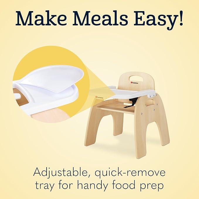 Foundations Easy Serve Low Wood Feeding Chairs Multipack, Adjustable Harness, Removable Dishwasher Safe Tray, No-Tip Base, Stackable Toddler Chairs, 2 Pack (11 inch)