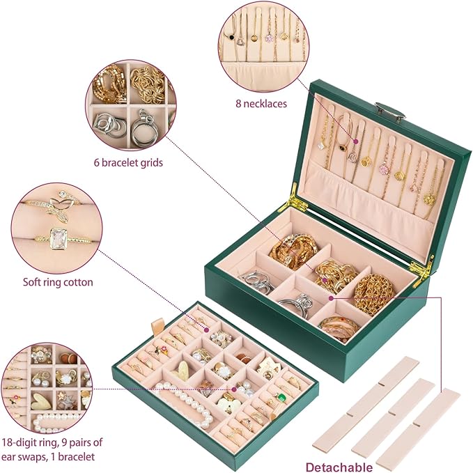 Small Jewelry Organizer for Women, 2-Layer Travel Jewelry Box with Portable Case, Necklace Ring Storage for Dresser, Girls Teens Gifts (Green)