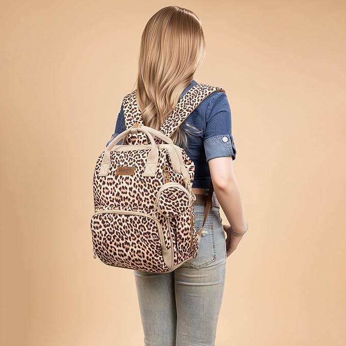 Wrangler Leopard Print Backpack Multifunction Baby Travel Bag with Changing Pad, Stroller Straps and Pacifier Case WG2204-91103LP-BR