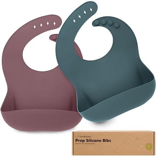 KeaBabies 2-Pack Silicone Baby Bibs for Eating - Sturdy Food-Grade Silicone Bibs for Babies Girl, Boy, Large Food Catcher, Clean & Put On Easily, Waterproof Toddler Feeding Essentials (Rocky)