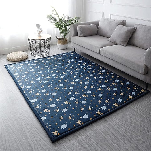 Loartee Coral Velvet Area Rug - 1" Thick Memory Foam Baby Play Mat, Washable Toddler Carpet, Home Decor for Living Room, Nursery, Kids Bedroom, Starry Blue, 4'11"x6'7"