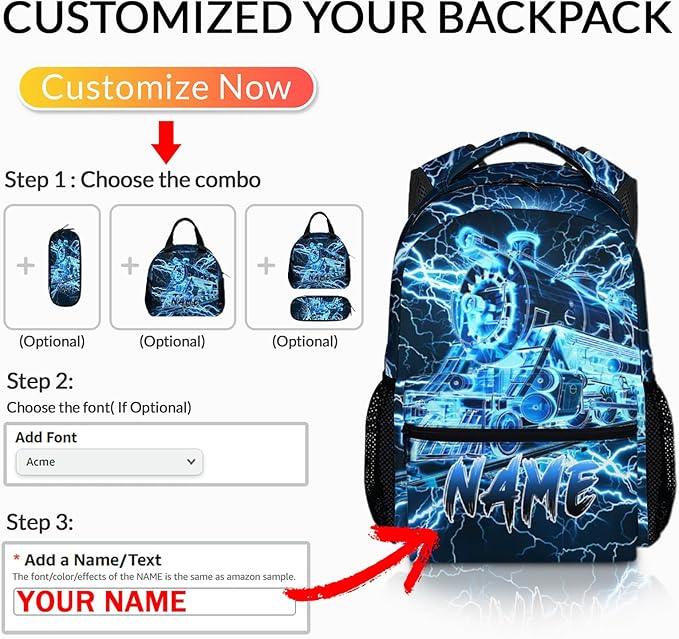 Kids Backpack for Boys, Personalized Train Schoolbag Casual Bag for Primary Senior Middle, 17 Inch Lightweight Durable Custom Lightning Backpacks, Cool Back to School Gift