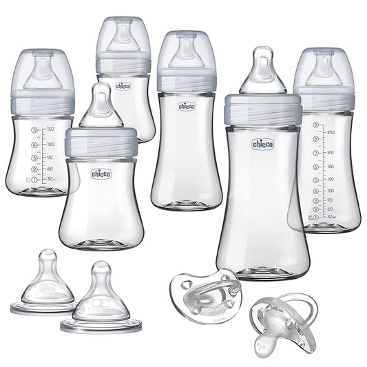 Chicco Duo Deluxe Hybrid Baby Bottle Starter Gift Set with Invinci-Glass Inside and Plastic Outside | Dishwasher, Bottle Warmer, and Electric Sterilizer Safe | Intui-Latch Nipple | Clear/Grey