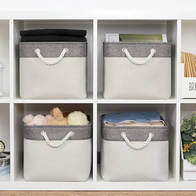 Organization and Storage Basket for Organizing - Large 4 Pack 16x12x8 inch Fabric Storage Cube Collapsible Baskets for Shelves, Storage Bins for Cloth Books (Grey & White)