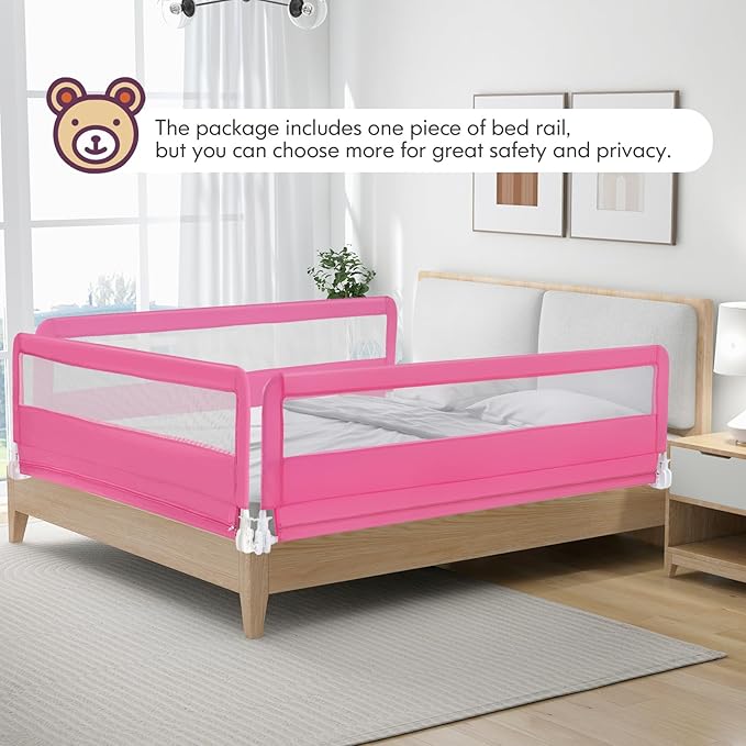 BABY JOY Bed Rails for Toddlers, 71'' Extra Long, Swing Down Bed Guard w/Safety Strap, Folding Baby Bedrail for Kids Twin, Double, Full Size Queen & King Mattress (71-Inch, Pink)