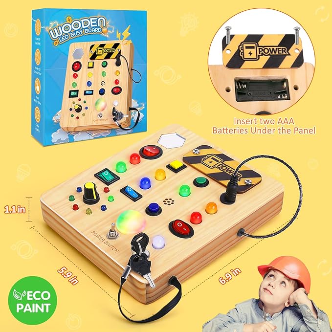 Busy Board with LED Light, Wooden Sensory Toys for Toddler, Montessori Music Toy for Airplane, Travel Activity Educational Learning Autism Toys, Birthday Boys Girls Gifts