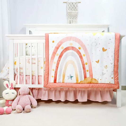4-Piece Crib Bedding Set for Girls, Includes Comforter, Fitted Crib Sheet, Crib Skirt, and Diaper Stacker, Pink Rainbow