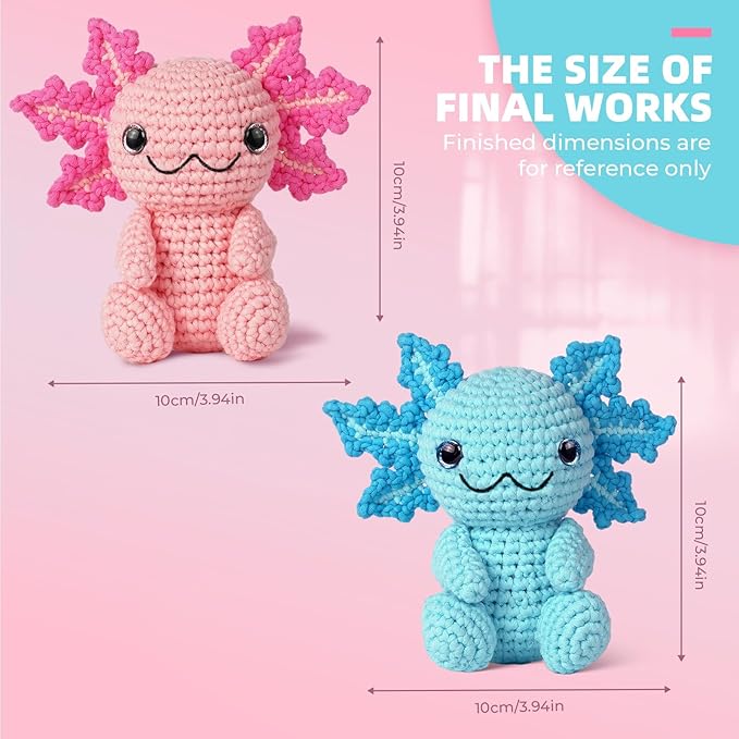 Crochet Kit for Beginners, Crochet Animal Kits,Crocheting Kit for Starters with Step-by-Step Video Tutorials, Beginner Crochet Kits for Adults (2Pack Axolotl)