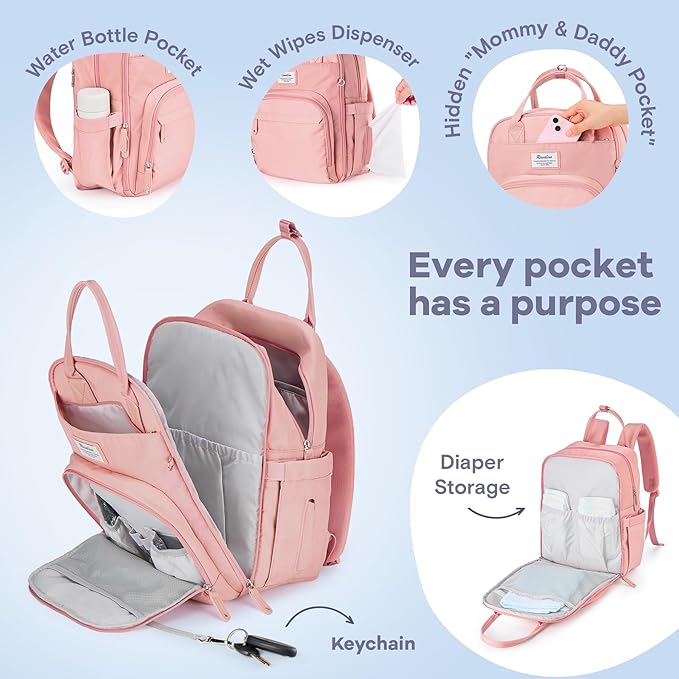 RUVALINO Diaper Bag Backpack, Multifunction Travel Back Pack for Girls, Maternity Baby Changing Bags with Changing Pad for Mom, Large Capacity, Waterproof and Stylish, Pink