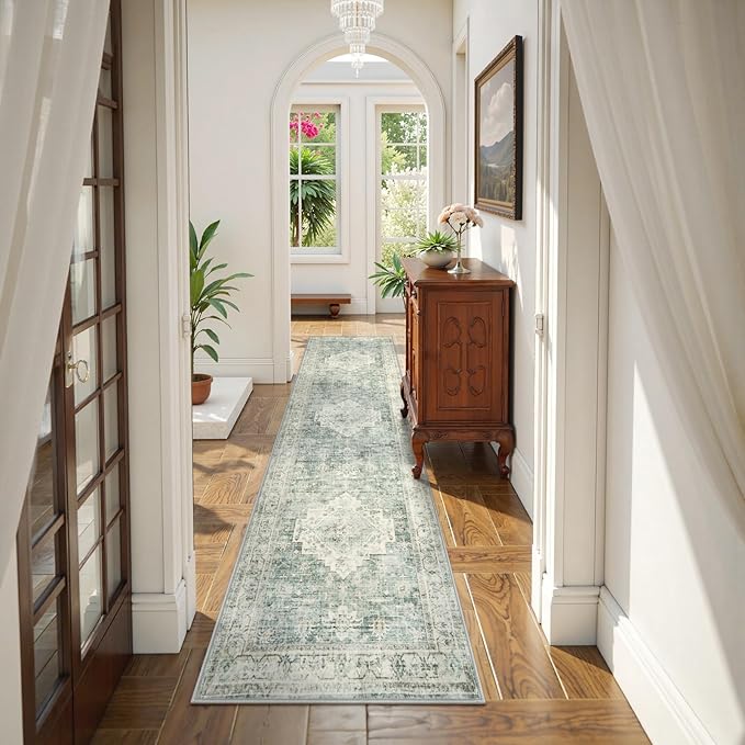 LIVEBOX Washable 2x8 Runner Rug for Bathroom, Non Slip Kitchen Mats for Floor Entryway, Boho Indoor Front Door Mat Low-Pile Runners for Hallways, Farmhouse Rugs for Laundry, Sage Green