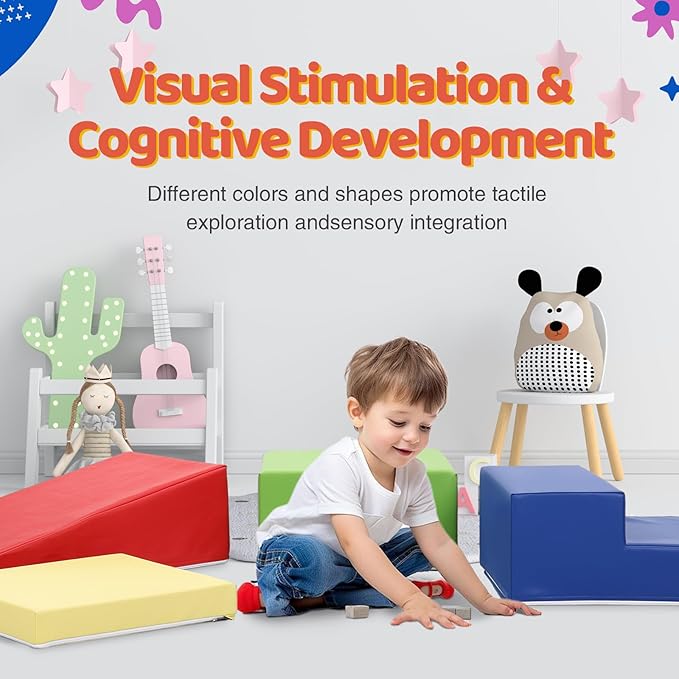 4-Piece PU Leather Baby Foam Climbing Blocks for Toddlers - Soft Play Climbing Toys for Toddlers - Foam Climbing Set for Crawling and Sliding Indoor (Red Yellow Blue)