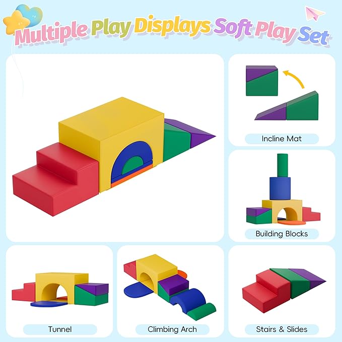 ‌Soft Climbing Toys for Toddlers, 7-Piece Baby Soft Foam Climbing Blocks, PU Leather Gym Climb and Crawl Activity Play Set, Indoor Climbing Toys for Kids and Children, Classic