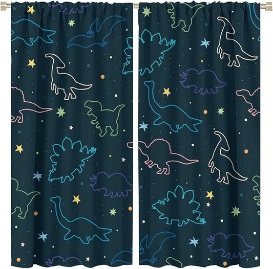 Cartoon Colorful Dinosaur Curtains for Kids Boys Girls Home Decor, Astronaut Funny Outer Space Star Blackout Rod Pocket Window Drapes for Bedroom Living Room W42xL84in 2 Panels