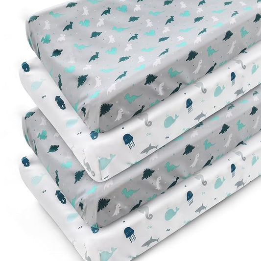 Changing Pad Cover for Boys Girls 4 Pack, Comfy & Breathable Changing Table Cover for 32''x16" Changing Table Pads, Diaper Changing Pad Cover, Dinosaurs & Ocean