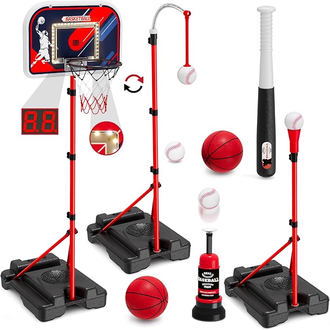 4 in 1 Kids Basketball Hoop and Tball Set for Toddlers 3-5, Basketball Goal with Scoreboard & LED, Hanging Tee Ball Stand with Baseball Pitching Machine, Indoor Outdoor Sport Toys for Boys 4-8