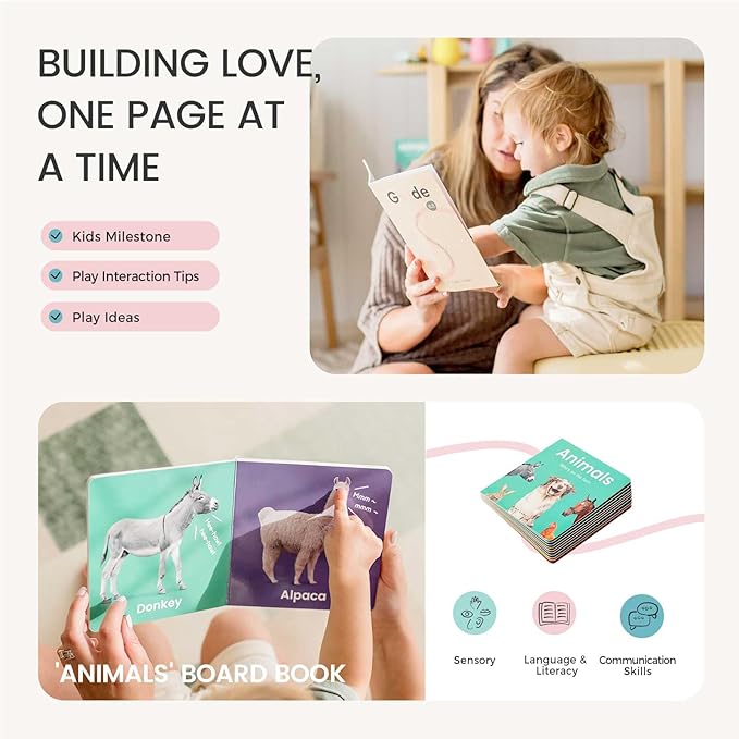 Tiny Land Montessori Toy Set for Baby 16-18 Months Adventure Play Kit - 7-in-1 Ramp Race Track, Shape Sorting and Color Matching Box, Lacing Beads Set, Silicone Nesting Dolls, Animals Board Book