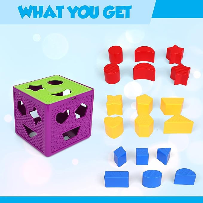 Shape Sorter Toy, Toddler and Baby Stem Sorting and Matching Activity Cube, 18 Blocks Colorful Sorter Box, My First Baby Toys Gift for Boys & Girls