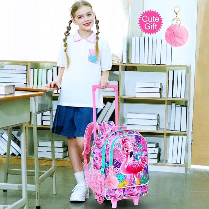 Girls Rolling Backpack, Cute Flamingo Roller Wheels Kids Bookbag - Wheeled Elementary School Bag - 3PCS Flamingo