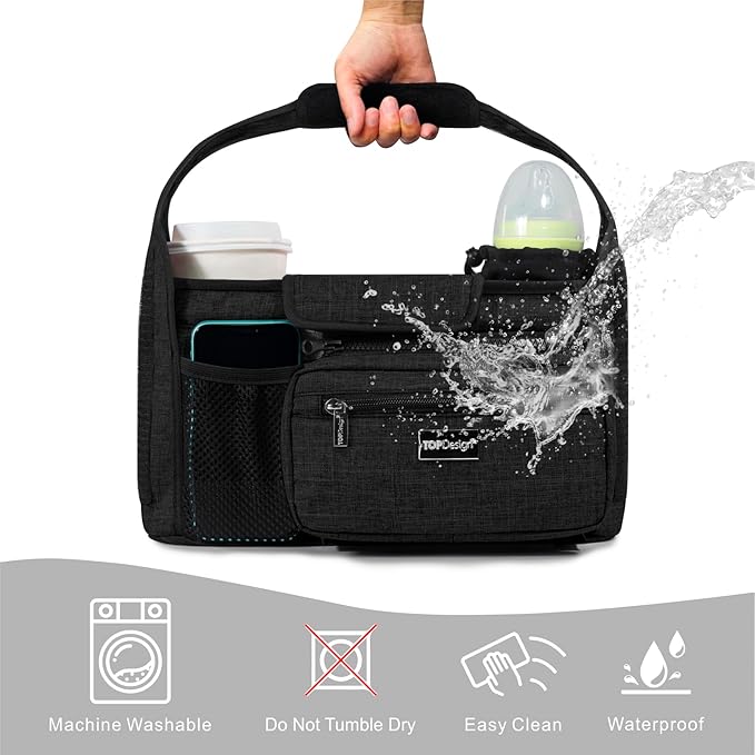 TOPDesign Universal Baby Stroller Organizer, Stroller Caddy with Detachable Mesh Bag & Heightened Insulated Cup Holders & Non-Slip Secure Hooks Accessories, Fits Most Strollers (Peony)