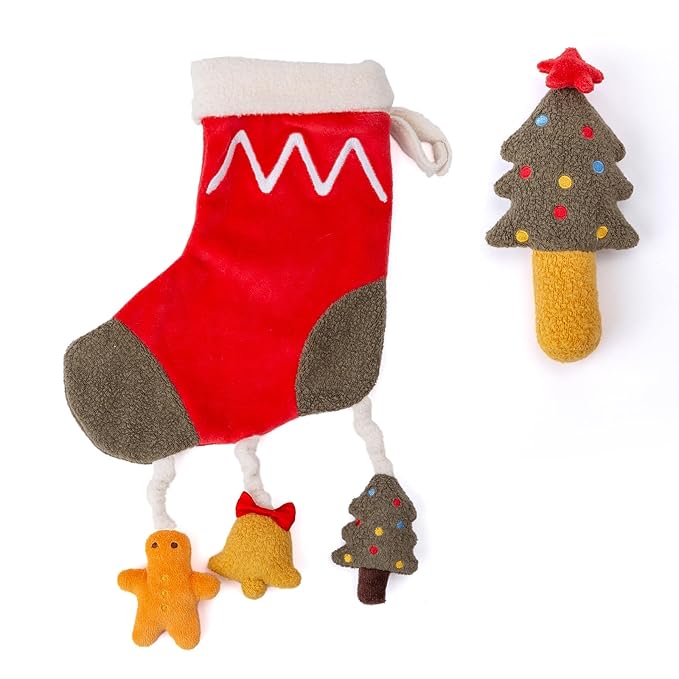 Organic Cotton Stuffed Animal Rattle Baby Toys, Plush Stocking Cuddle Cloth and Hand Grip Christmas Tree Ring Rattles Plush Toy Set for Newborns Infant Boys Girls, 2 PCS