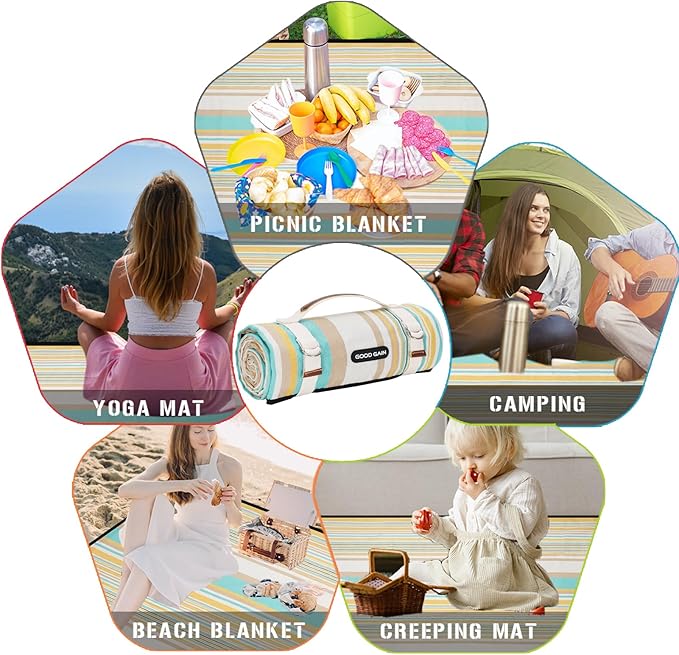 G GOOD GAIN Picnic Blanket Waterproof & Sand Proof,Beach Blanket Portable with Carry Strap, XL Large Foldable Picnic Rug Machine Washable for Camping Party,Wet Grass,Kids Playground.(Pineapple Yellow)