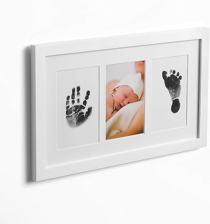 Green Pollywog Baby Handprint and Footprint Kit | Elegant White Frame with Inkless, Non-Toxic Pad | Newborn Keepsake for Baby or Dog Paw Prints