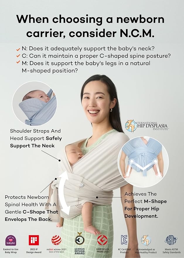 Konny Baby Carrier Flex AirMesh with Head Support- Adjustable, Easy to Wear Baby Wrap Sling, Perfect for Newborn Babies Essentials up to 44 lbs (XS-XL) - Mint Grey