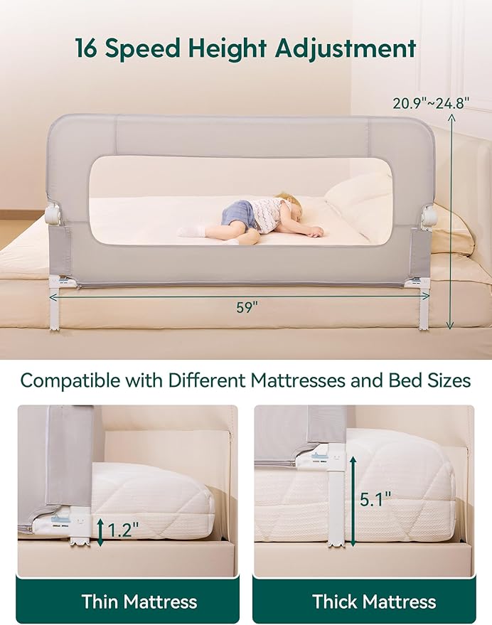 BABELIO Bed Rail for Toddlers, 59" Wide Swing Down & Adjustable Height Toddler Bed Rails for Kids/Elderly/Adults, Baby Side Railing for Twin/Full/Queen/King Size