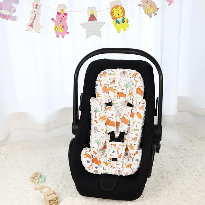 Infant Car Seat Insert, Soft Baby Car Seat Head & Body Support for Girl Boy, Reversible Newborn Preemie Carseat Insert Cushion with 3 Straps Pads Fits CarSeat, Stroller, Swing, Bouncer, Animals