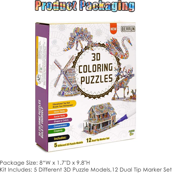 BEARUN 3D Coloring Puzzle Set, Arts and Crafts for Girls and Boys Age 6 7 8 9 10 11 12 Year Old, Fun Educational Painting Crafts Kit with Supplies for Kids, Birthday Toy Gift for Kids