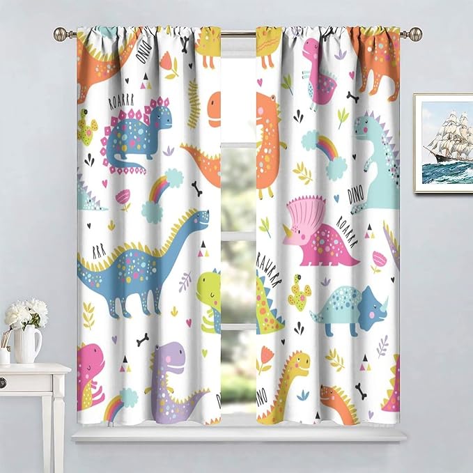 Cartoon Dinosaur Curtains for Kids Boys Girls Home Decor Childish Cute Dino Animals Print Pattern Rod Pocket Blackout Window Drapes for Nursery Baby Bedroom Playroom W31.5xL72in 2 Panels