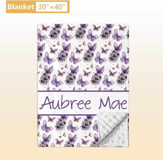 Personalized Baby Bedding Set, 5 Pcs Custom Toddlers Bedding Set with Infant Name, Soft Double Layer Nursery Crib Set for Girls Boys, Customized Infants Gifts for Baby Shower, Purple Butterfly