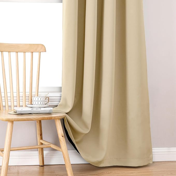 ChrisDowa 100% Blackout Curtains 63 inch Long for Bedroom with Black Liner, Extra Wide 2 Thick Layers Total Blackout Thermal Insulated Grommet Window Curtains 2 Panels Set (Beige, 60 x 63 Inch)