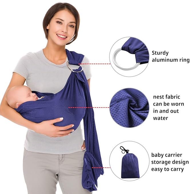 CUBY Water Baby Sling Carrier Lightweight Breathable Mesh Baby Wraps Carrier Adjustable Ring Sling Quick-Drying Baby Carriers Sling for Newborn Toddler Summer Swimming Pool Beach(Dark Blue)