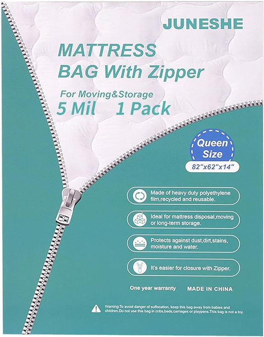 Queen Mattress Bag for Moving and Storage Cover -5 Mil Zipper Plastic Waterproof Mattress Storage Bag,82x62x14 inches,1 Pack