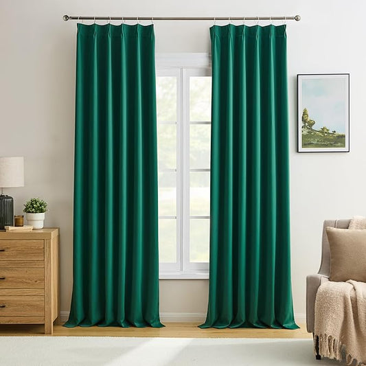 KEQIAOSUOCAI Hunter Green Blackout Curtains with Pinch Pleat, Dark Emarald Green Room Darkening Curtain 84 Inches Long, Thermal Insulated Window Treatment with Hooks 40x84-2PCs