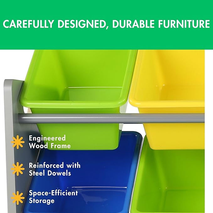 Humble Crew Supersized Toy Storage Organizer with 16 Removable Bins, Grey/Blue/Green/Yellow – Large Toy Storage for Toddlers Ideal for Kids' Rooms, Playrooms, and Nurseries - Modern Toy Bins for Kids