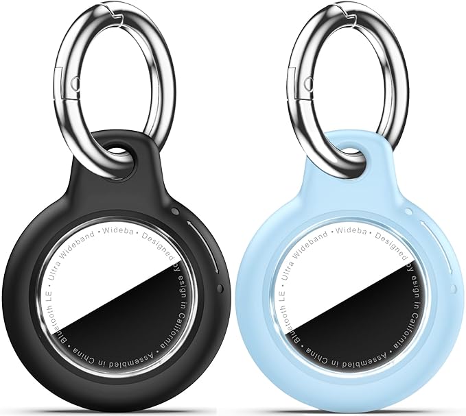 Upgrade Waterproof 2 Pack Airtags Holder with Apple Airtags Keychain, Hard PC Air Tag Case, Anti-Scratch & Shock Air tag Holder, Men's Women's Keyrings & Keychains-Black+Light Blue