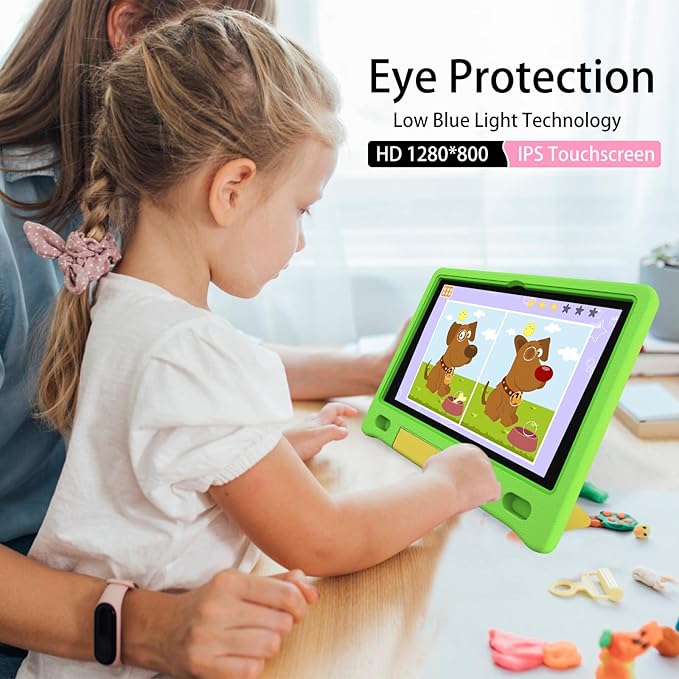 Kids Tablet, 10.1 Inch Tablet for Kids, Android 14, 64GB, Octa-Core CPU, WiFi, Big Battery, Kids Conten, Parental Control, HD Display Children Age 3-12, Bluetooth, Green Shockproof Case