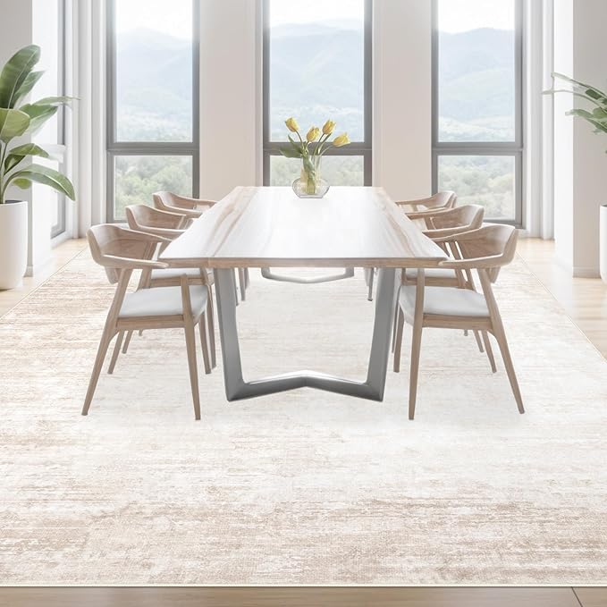 Area Rugs 9x12 Living Room: Washable Rug Modern Abstract Large Rugs Soft Non Slip Neutral Rug Stain Resistant Indoor Carpet for Bedroom Kitchen Dining Room Table Nursery Home Office Rugs(Beige,9'x12')
